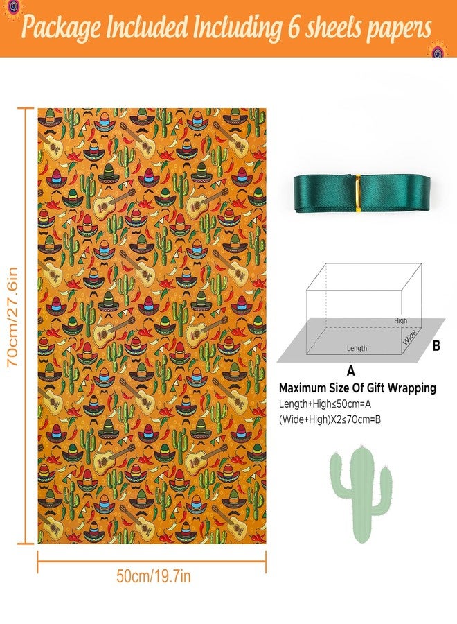 AirCool Mexican Fiesta Wrapping Paper, 6 Sheets Cactus Sombrero Guitar Chili Pepper Mustache Printed Mexico Party Gift Wrap 20x28 inches Folded Flat for Mexican Themed Cinco De Mayo Carnival Birthday Party - Image 2